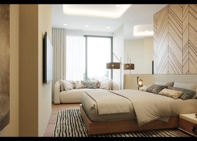 Modern bedroom with large bed, sofa, and decorative lighting