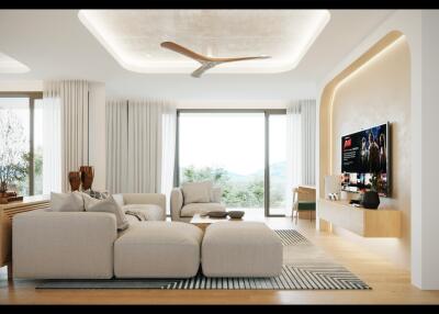 Modern living room with large windows, a sectional sofa, TV, and ceiling fan