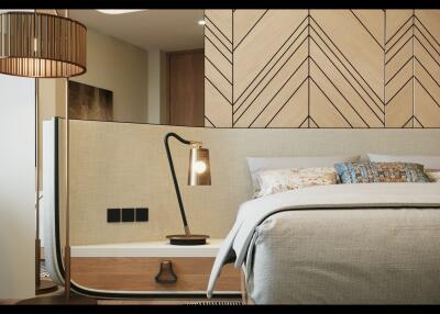 Modern bedroom with geometric wall design and stylish furnishings