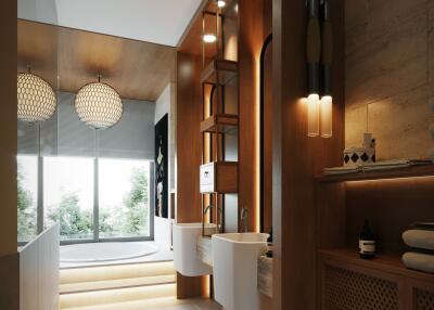 Modern bathroom with unique lighting and fixtures