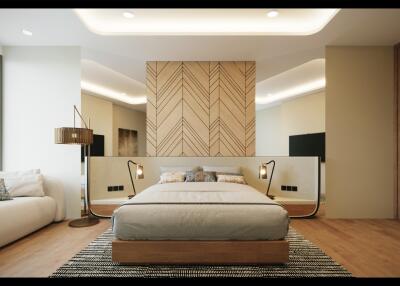 Modern styled bedroom with wooden accents