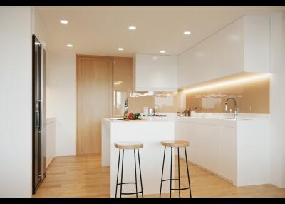 Modern kitchen with white cabinets, island, and bar stools