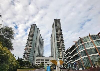 View of two high-rise residential buildings with entrance pathway