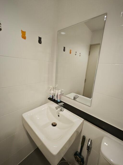 Modern bathroom with sink, mirror, and toiletries