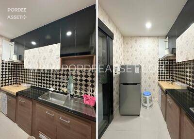 Modern kitchen with black and white checkered backsplash, fridge, and sink