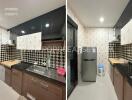 Modern kitchen with black and white checkered backsplash, fridge, and sink