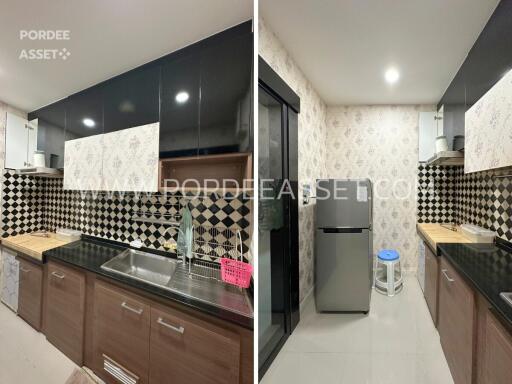 Modern kitchen with black and white checkered backsplash, fridge, and sink