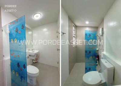 Modern bathroom with toilet and shower area and frosted glass partition with fish design