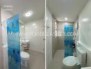 Modern bathroom with toilet and shower area and frosted glass partition with fish design