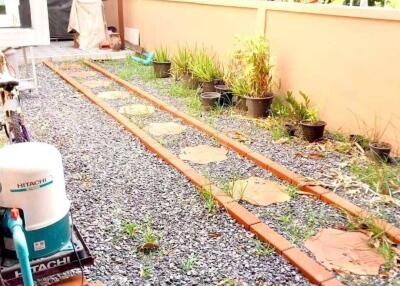 Outdoor area with gravel path and potted plants