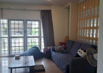 Living room with windows, sofa, and coffee table