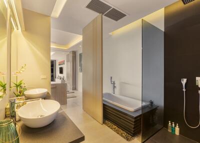 Modern bathroom with sink, bathtub, and shower area