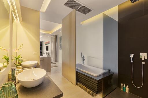 Modern bathroom with sink, bathtub, and shower area