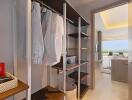 Spacious walk-in closet with open hanging space and shelving