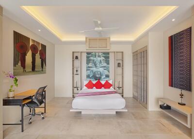 Modern bedroom with artistic decor and contemporary furnishings