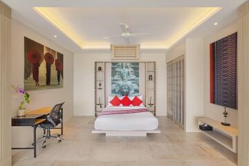 Modern bedroom with artistic decor and contemporary furnishings