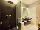 Modern bathroom with shower, toilet, and sink