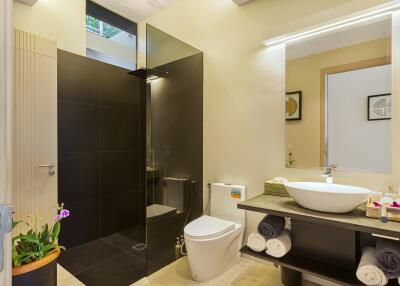 Modern bathroom with glass shower and vanity