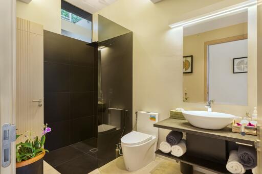 Modern bathroom with glass shower and vanity