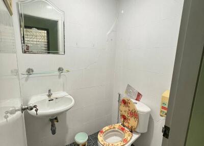 Bathroom with sink, mirror, toilet, and decorative toilet seat cover