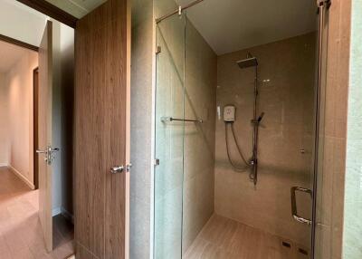 Modern bathroom with walk-in shower and wooden door