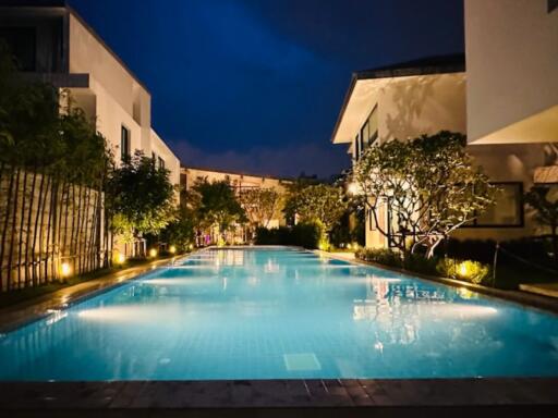 Beautifully lit swimming pool at night