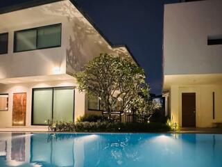 Modern house with a swimming pool at night