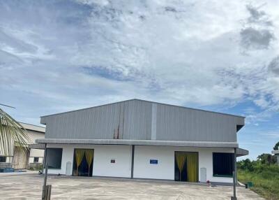 Exterior view of a large industrial building with blue sky.