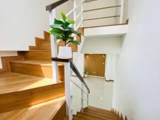 Modern staircase with wooden steps and glass railing