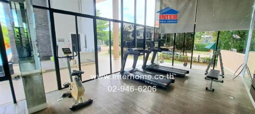 Modern gym with equipment and large windows