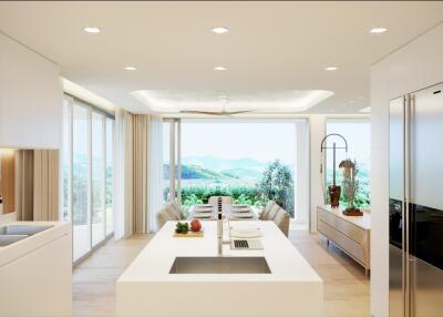 Modern kitchen with island and dining area with scenic view