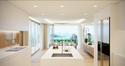 Modern kitchen with island and dining area with scenic view