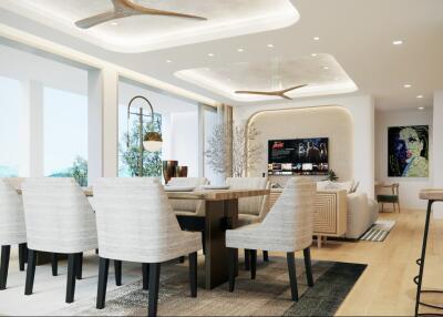 modern dining and living area with large windows