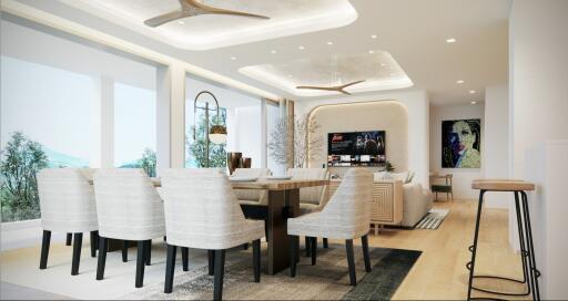 modern dining and living area with large windows