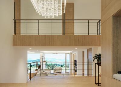 Modern living area with a large chandelier and natural lighting