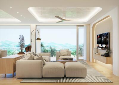 Modern living room with a comfortable seating area, large windows, and scenic views.