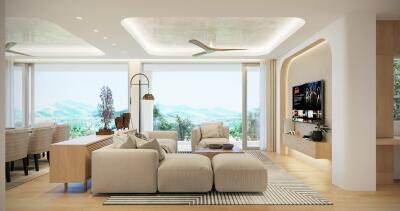 Modern living room with a comfortable seating area, large windows, and scenic views.