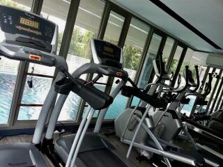 Modern gym with cardio equipment and pool view