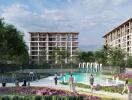 Photo of modern apartment buildings with a fountain and landscaped garden area.