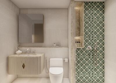 Modern bathroom with green patterned tiles and floating vanity