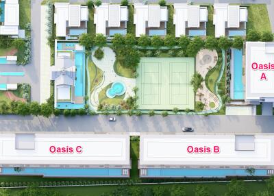 Aerial view of residential complex highlighting amenities and building blocks