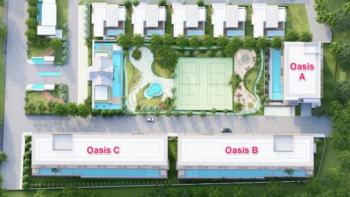 Aerial view of residential complex highlighting amenities and building blocks