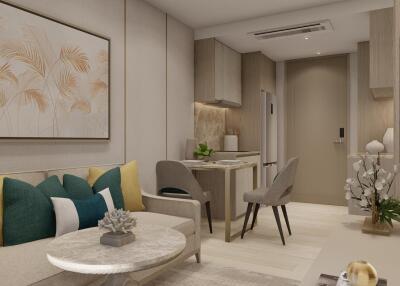 Modern living room with dining area and stylish decor