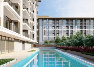 Modern apartment buildings with a swimming pool