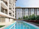 Modern apartment buildings with a swimming pool