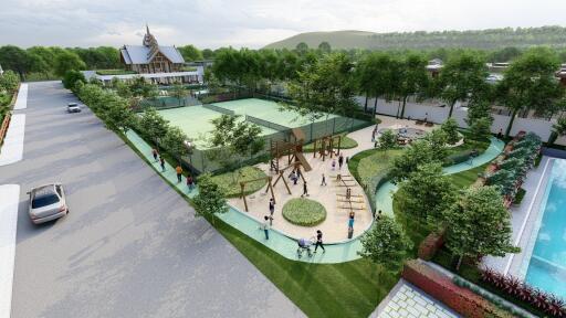 Aerial view of outdoor playground and recreational area in a residential complex