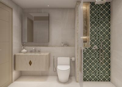 Modern bathroom with stylish green tile shower, floating vanity, and contemporary fixtures