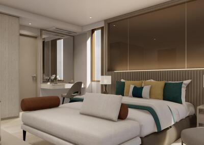 Modern, luxurious bedroom with neutral tones, a large bed, and stylish decor