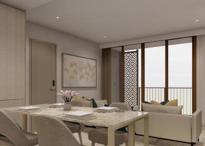 Modern living and dining area with large windows