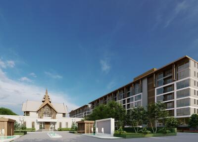 Exterior view of apartment complex with courtyard